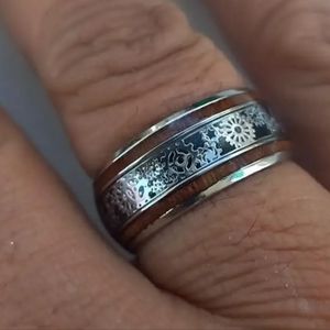 New Stainless steel woodgrain 8mm Steam punk gears ring